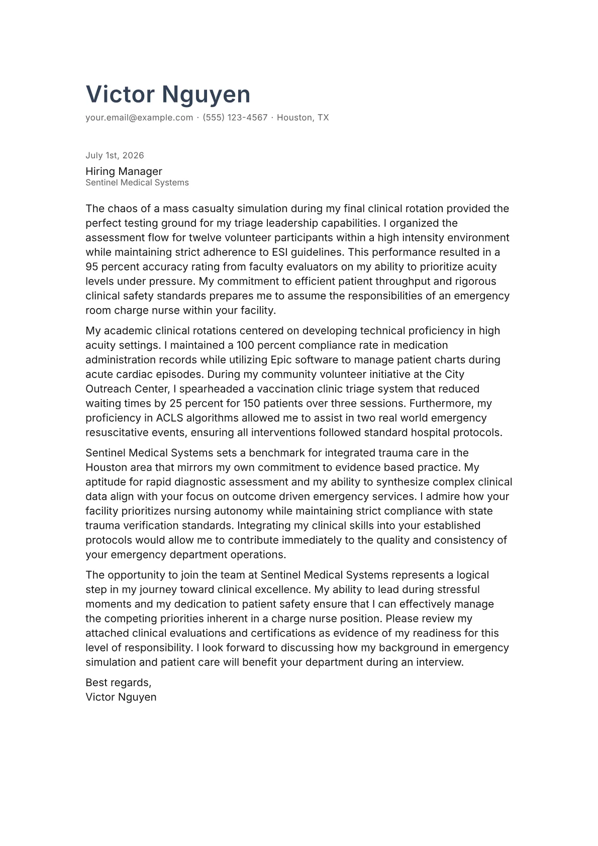 ER Charge Nurse cover letter in the Minimal design