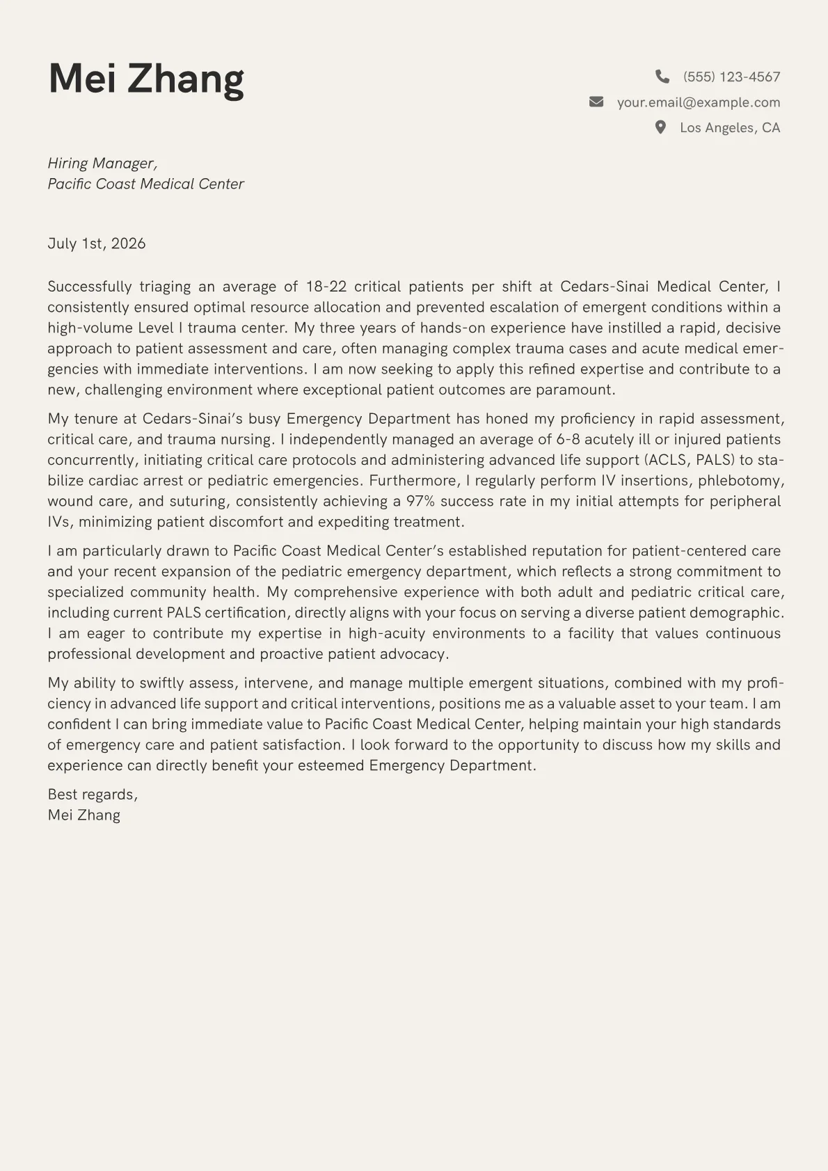 ER Nurse cover letter formatted with a JobSprout template