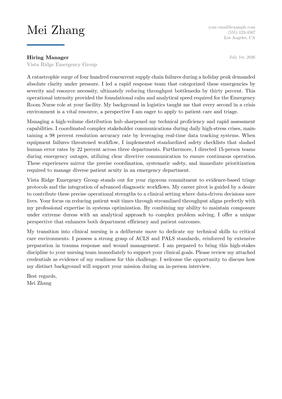 ER Nurse cover letter in the Executive design