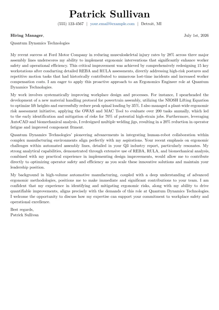 Ergonomics Engineer cover letter example preview