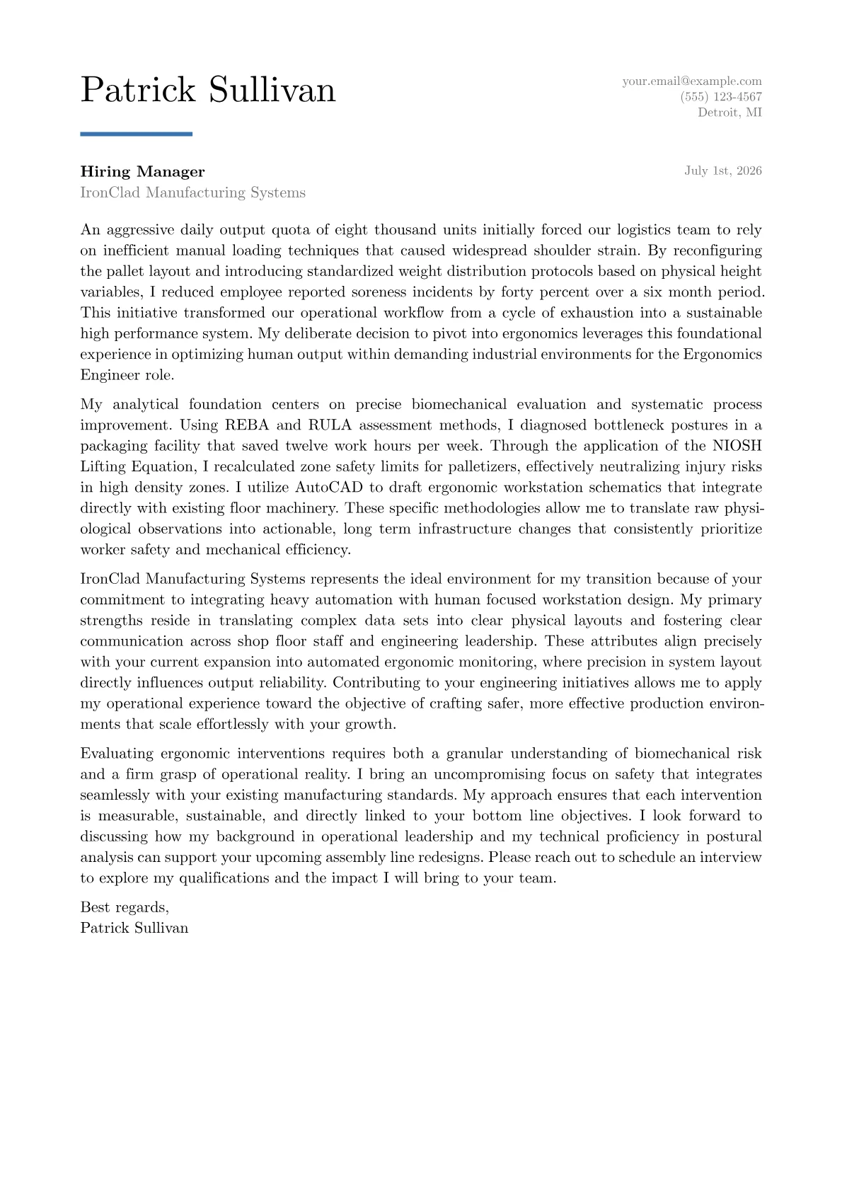 Ergonomics Engineer cover letter in the Executive design