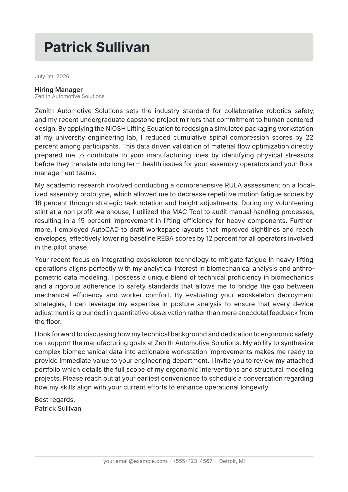 Ergonomics Engineer cover letter in the Letterhead design