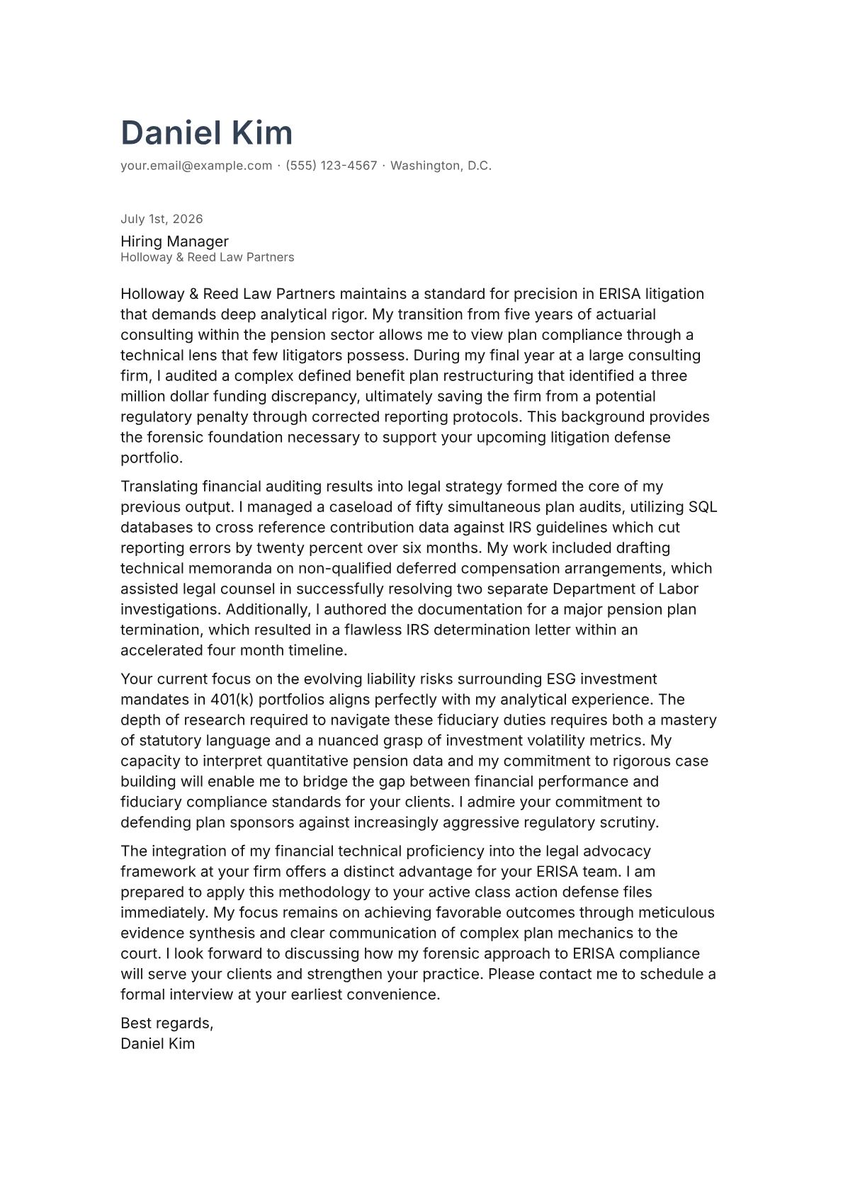 ERISA Attorney cover letter in the Minimal design