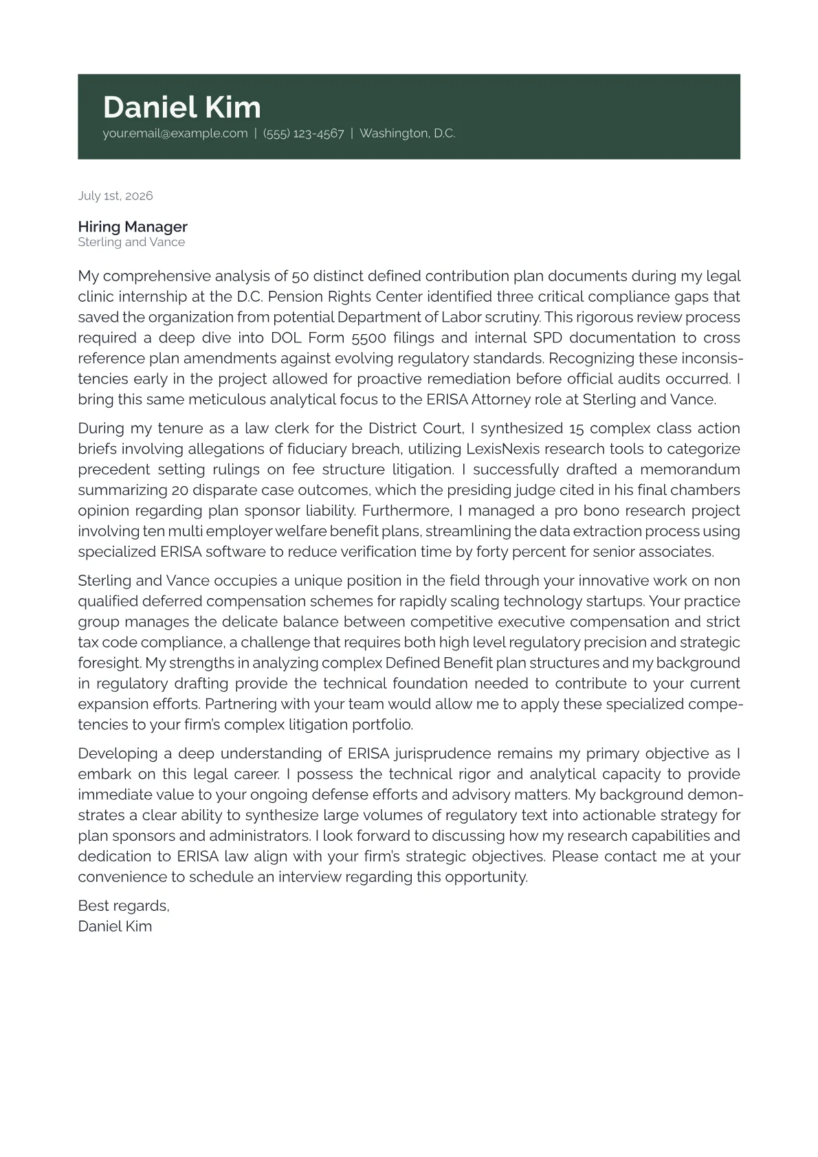 ERISA Attorney cover letter in the Banner design