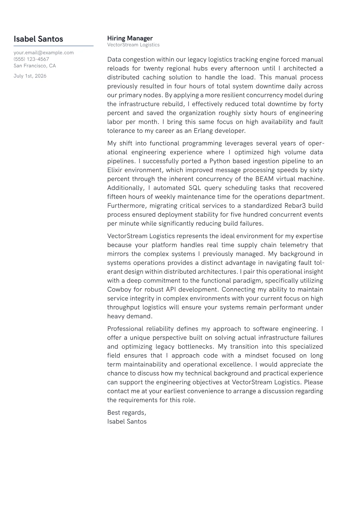 Erlang Developer cover letter in the Margin design