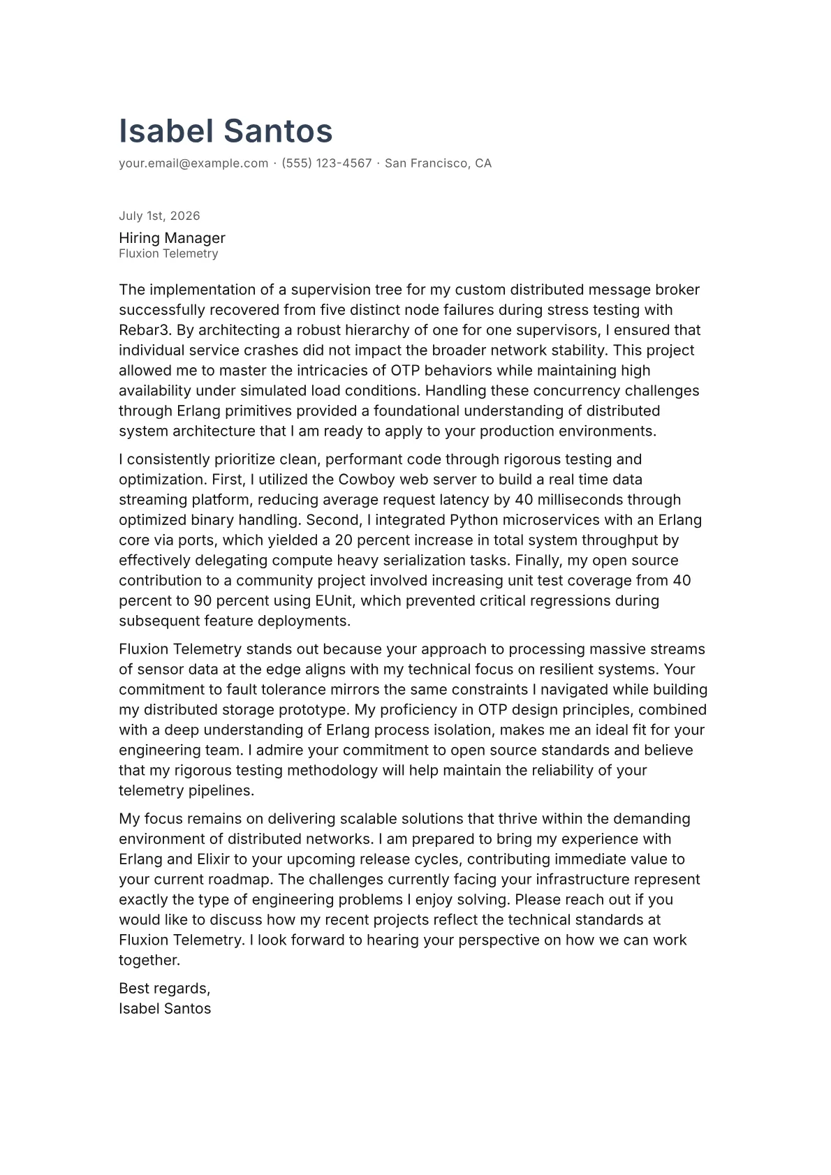 Erlang Developer cover letter in the Minimal design
