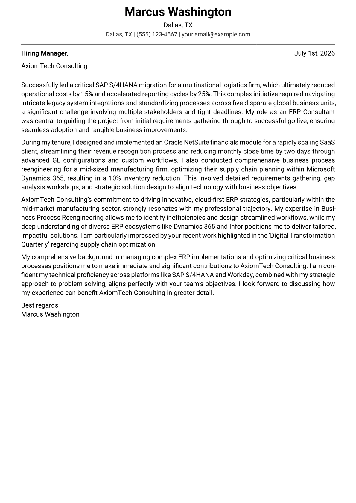 ERP Consultant cover letter formatted with a JobSprout template