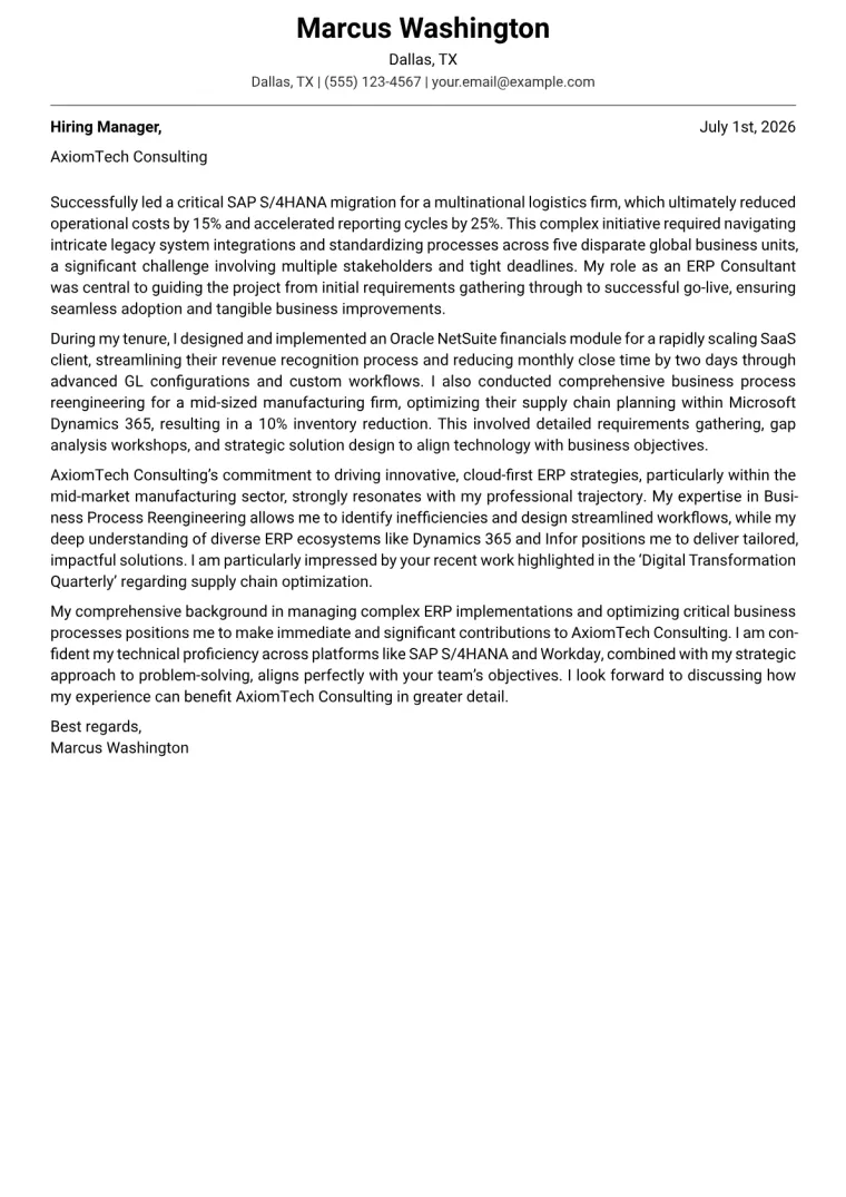 ERP Consultant Cover Letter Example