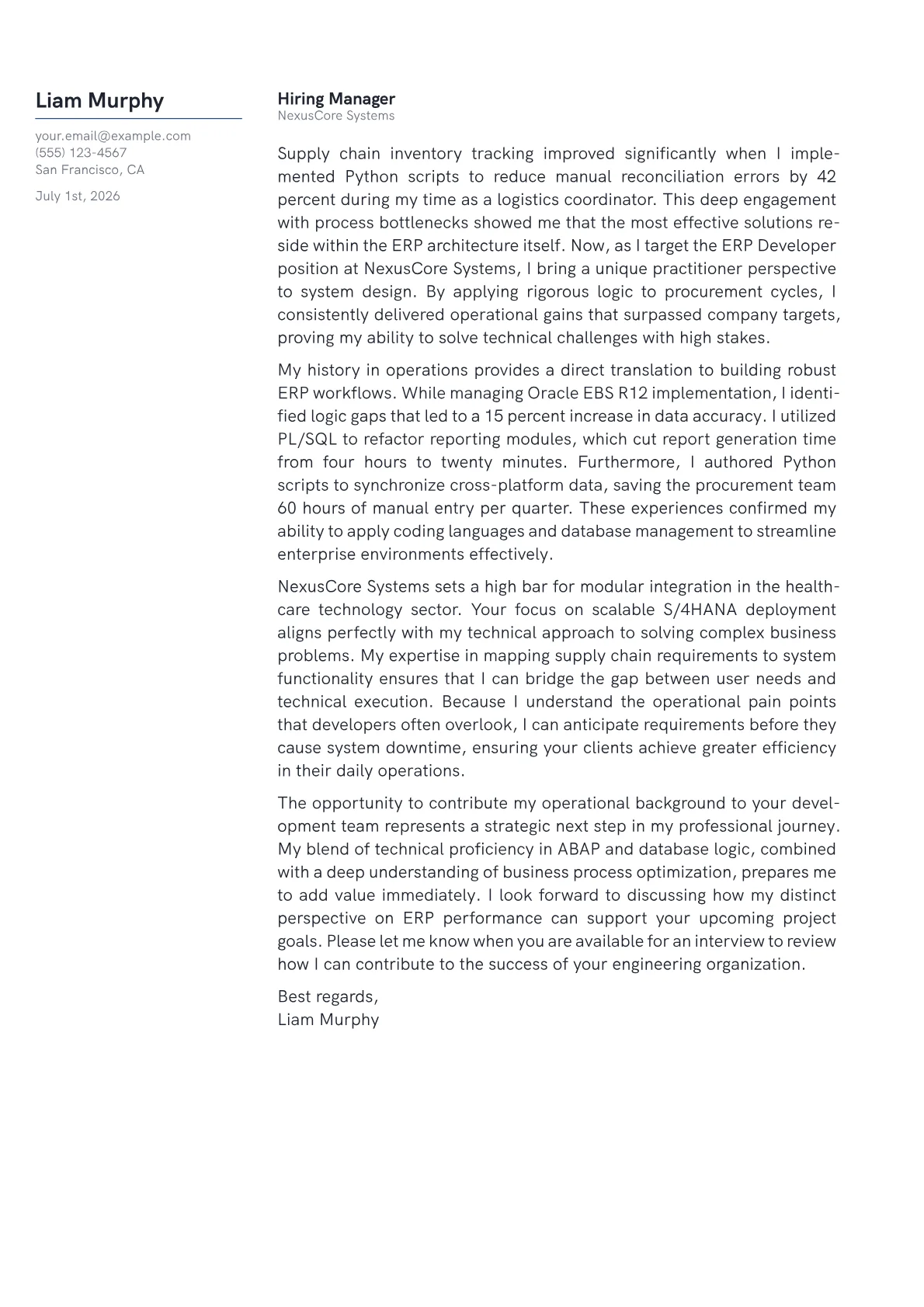 ERP Developer cover letter in the Margin design