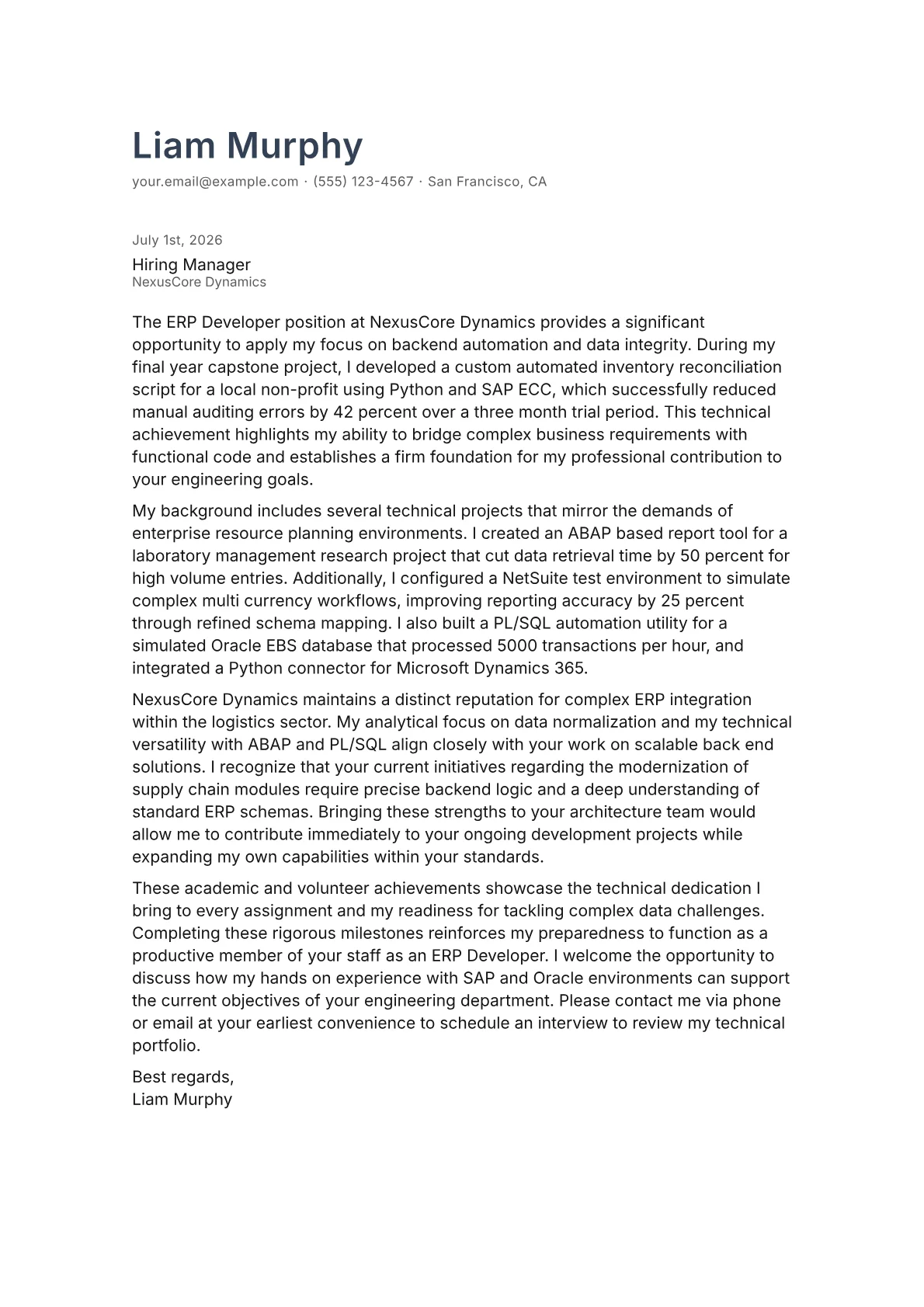 ERP Developer cover letter in the Minimal design