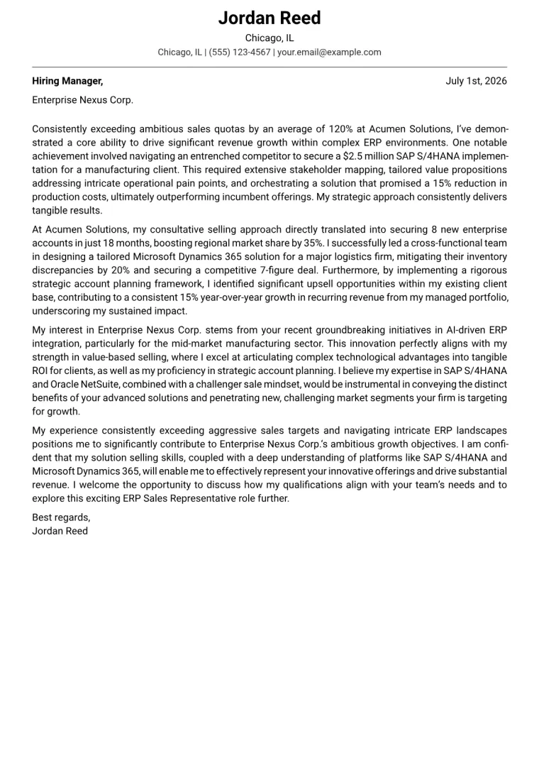 ERP Sales Representative cover letter example preview