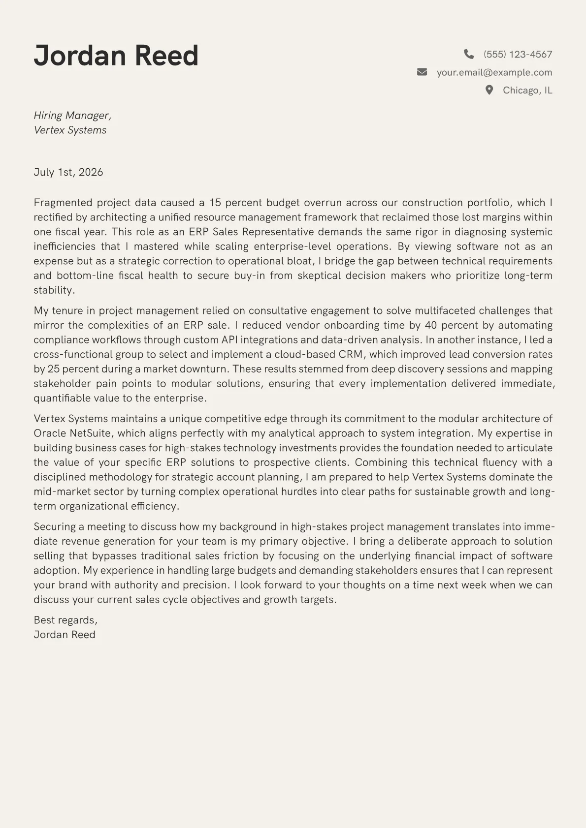 ERP Sales Representative cover letter in the Creative design