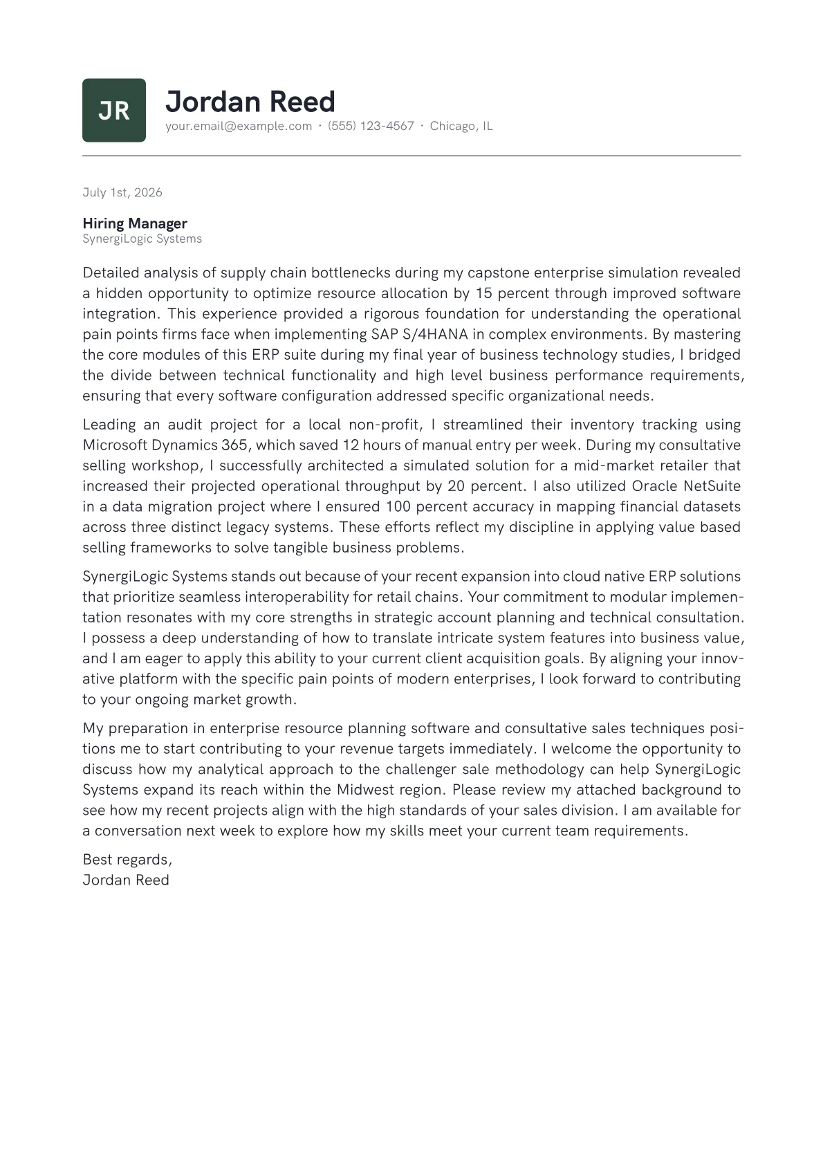 ERP Sales Representative cover letter in the Emblem design