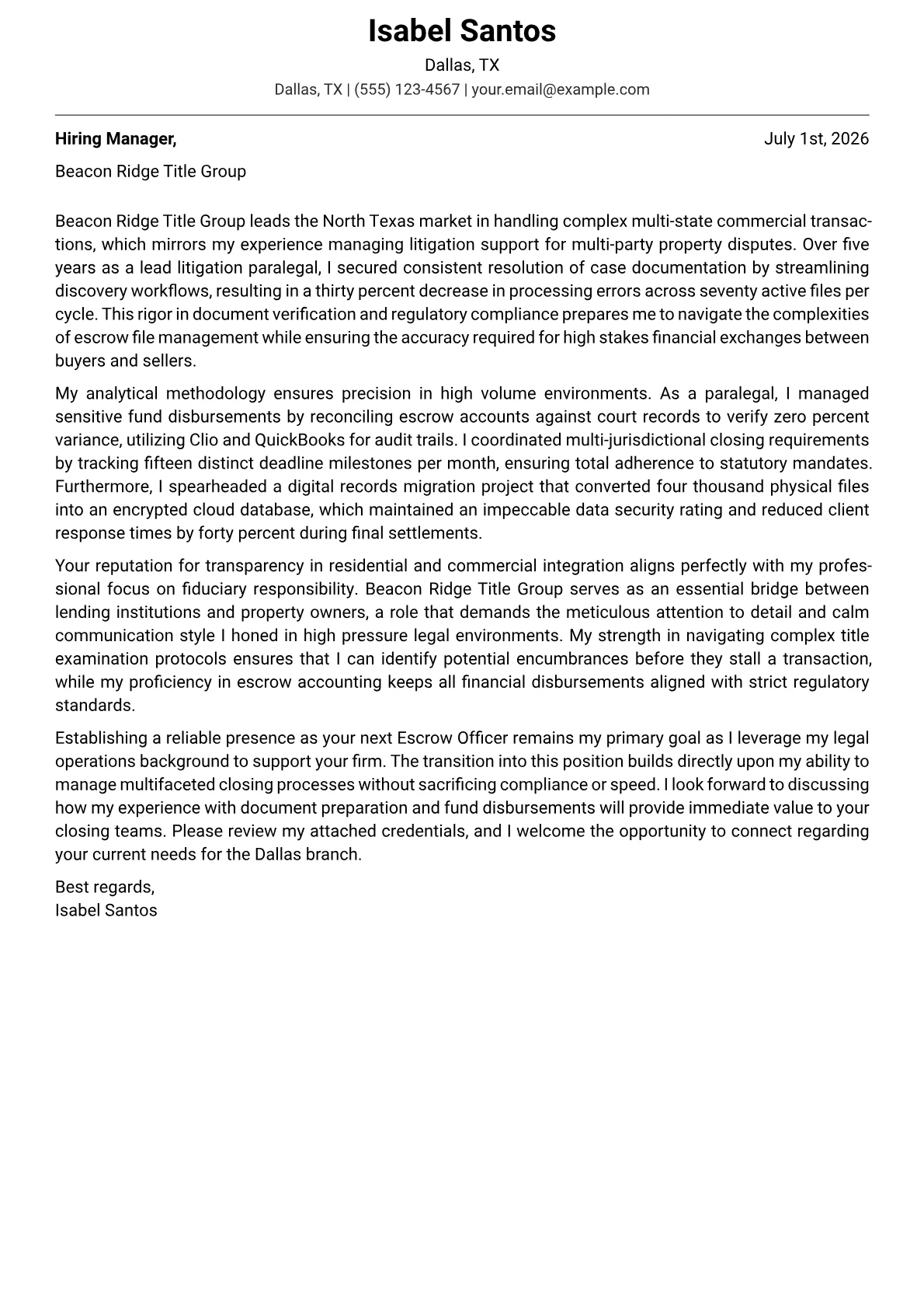 Escrow Officer cover letter in the Modern design