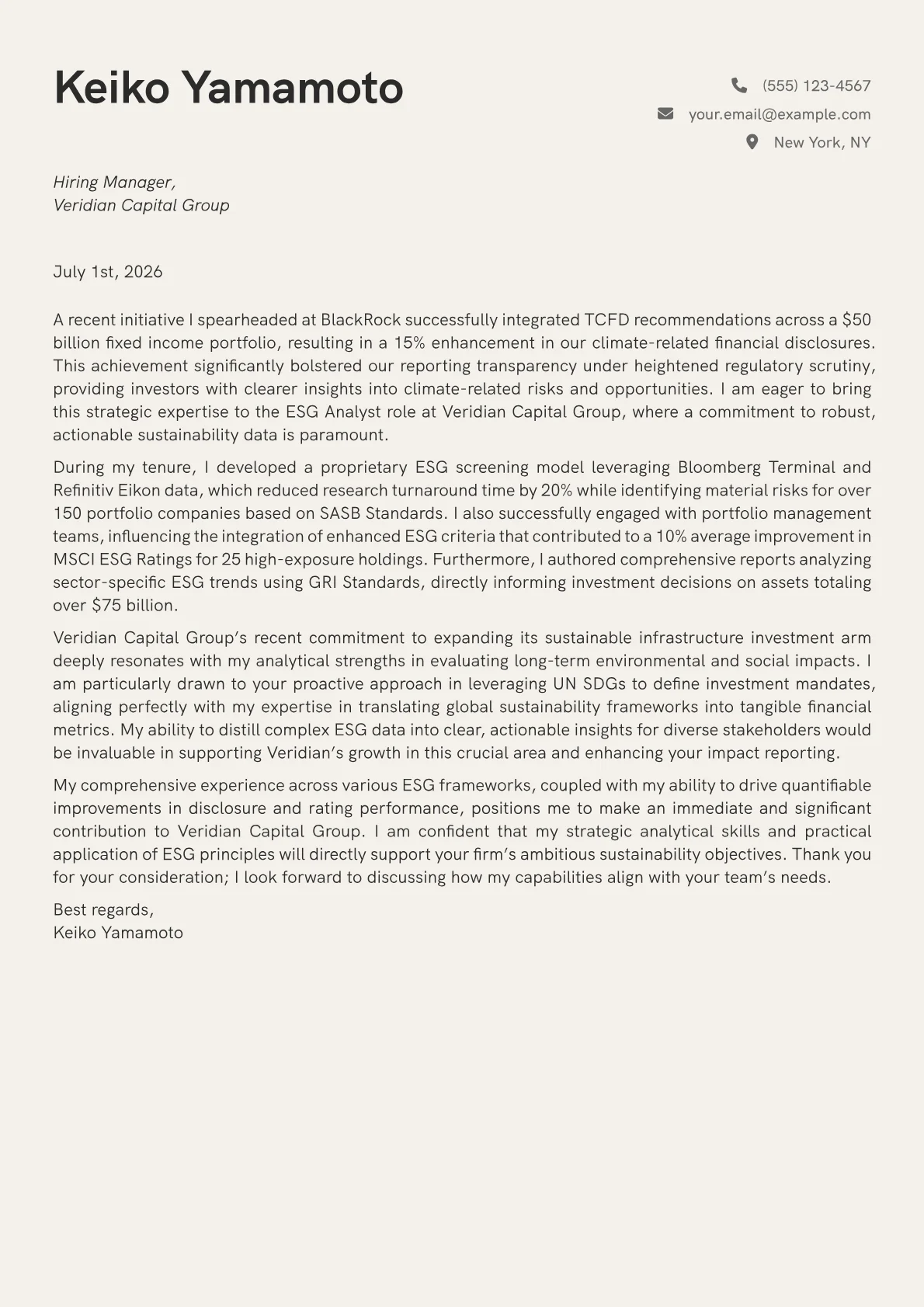 ESG Analyst cover letter formatted with a JobSprout template