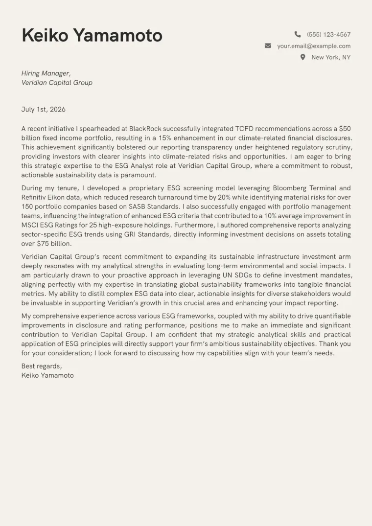 ESG Analyst cover letter example preview