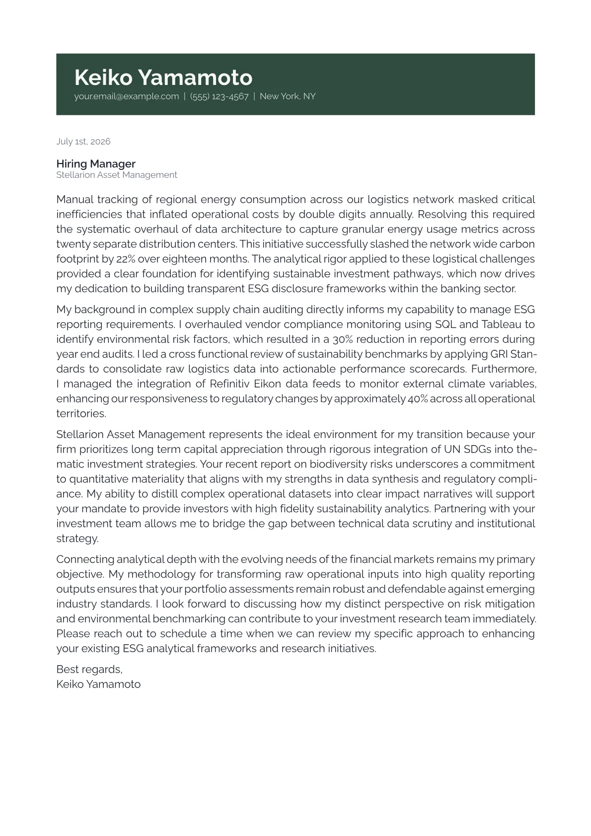 ESG Analyst cover letter in the Banner design