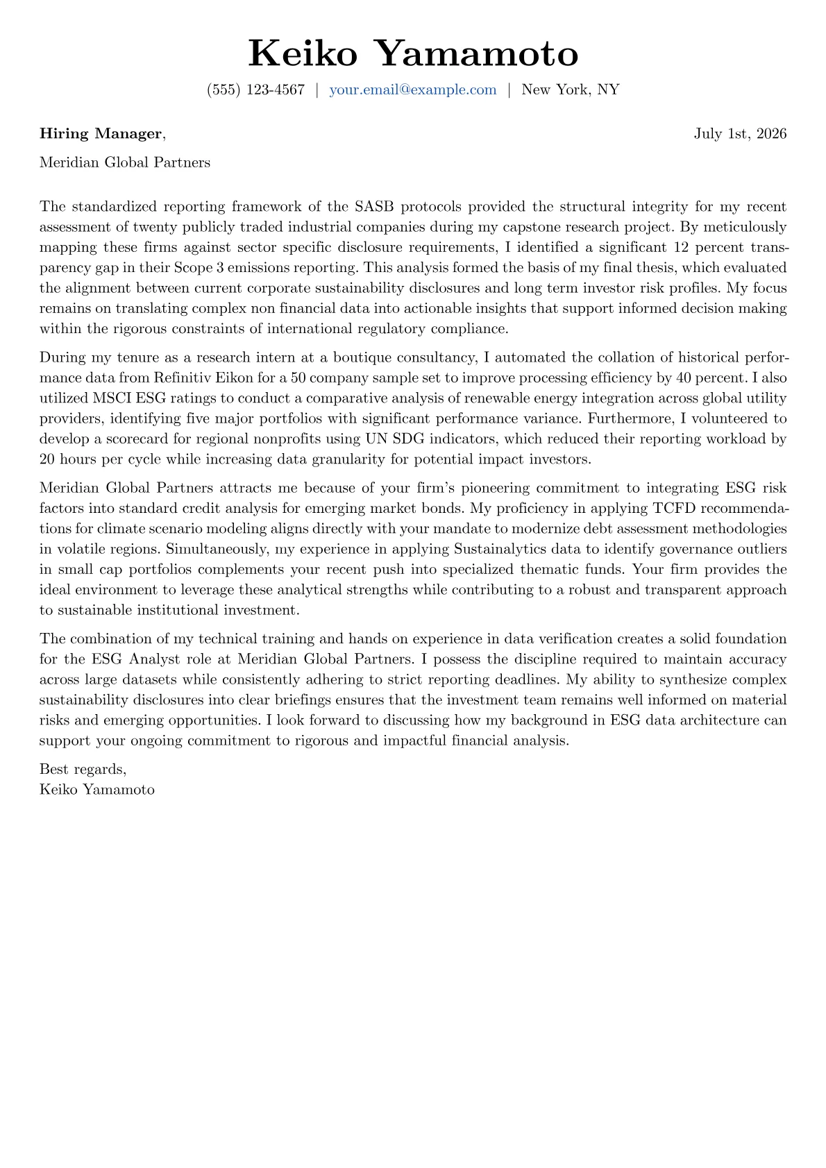 ESG Analyst cover letter in the Basic design