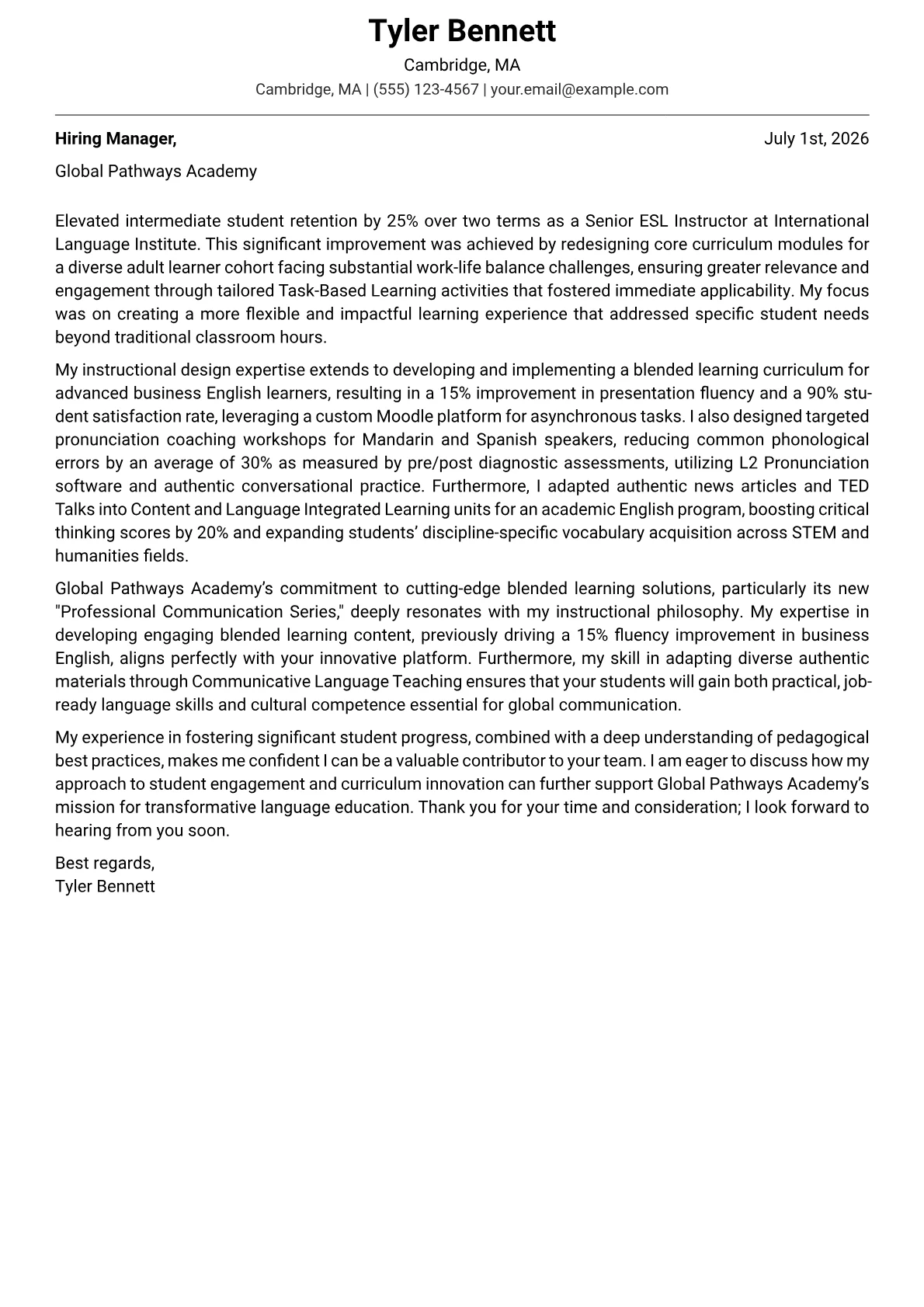 ESL Instructor cover letter formatted with a JobSprout template