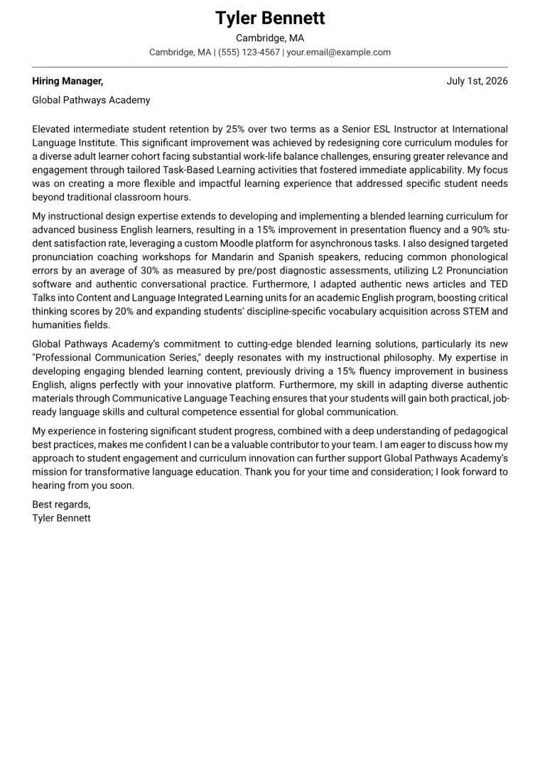 ESL Instructor Cover Letter Example