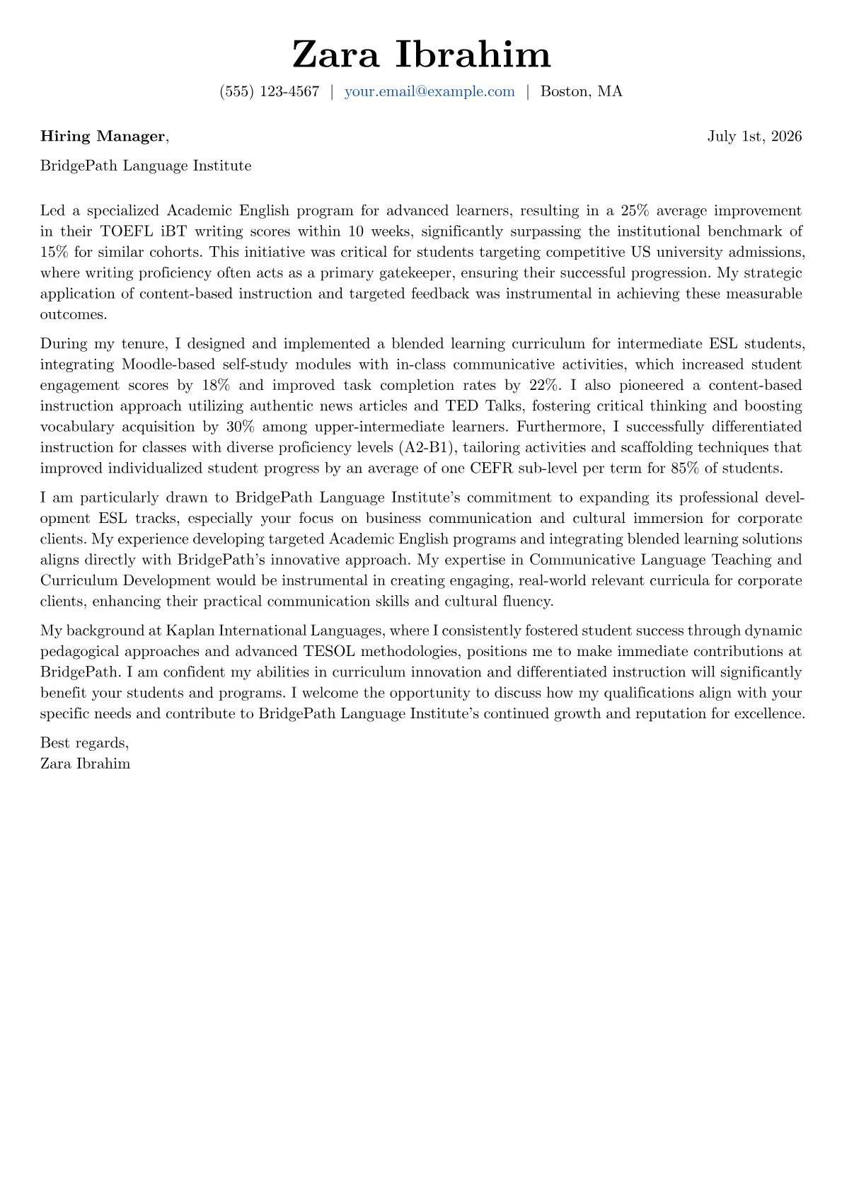 ESL Teacher cover letter formatted with a JobSprout template