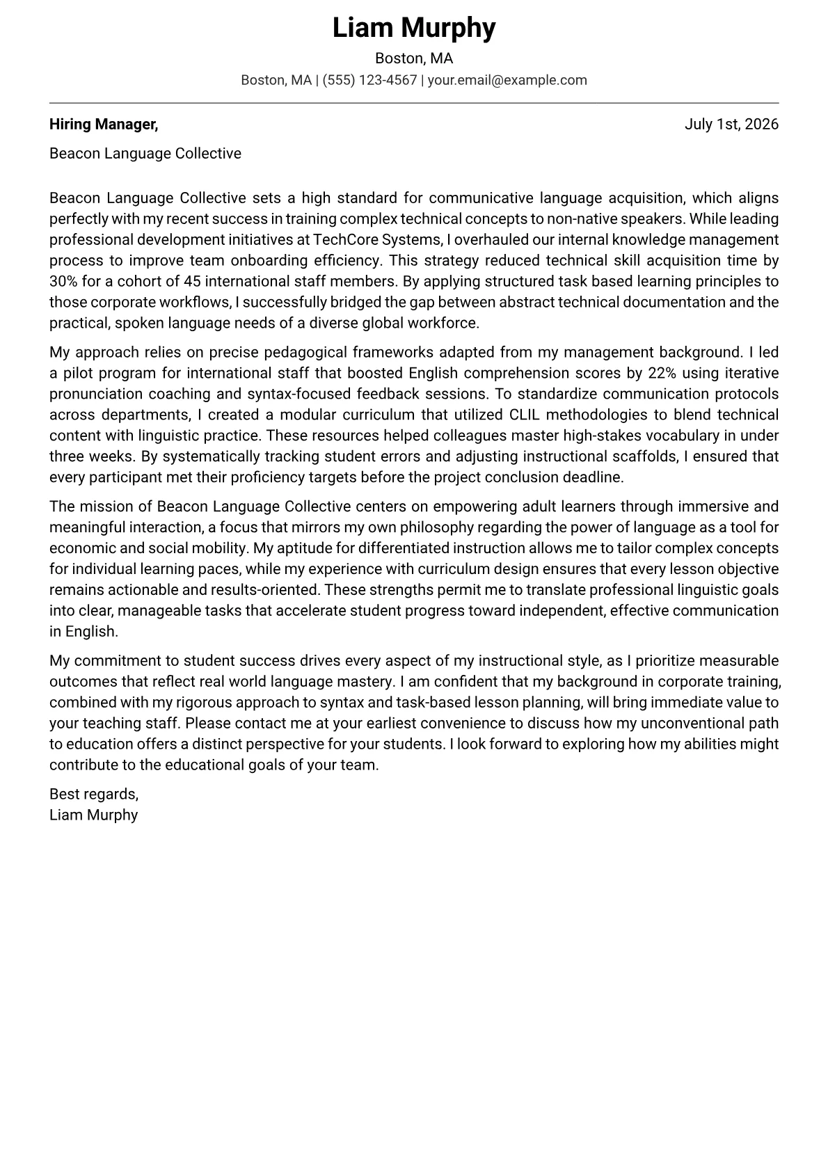 ESOL Teacher cover letter in the Modern design