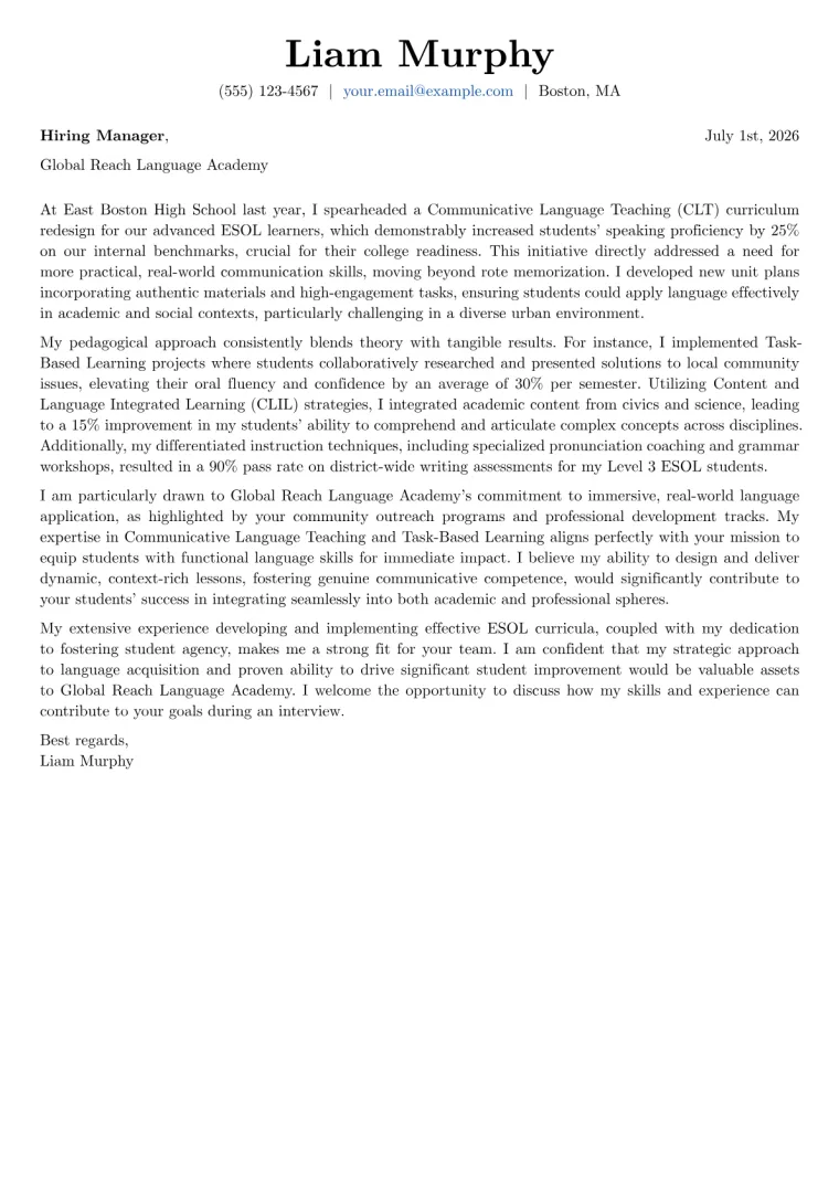 ESOL Teacher cover letter example preview
