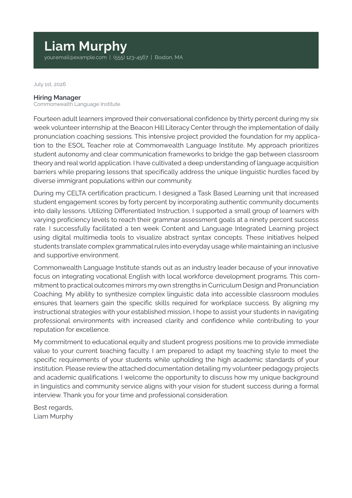 ESOL Teacher cover letter in the Banner design