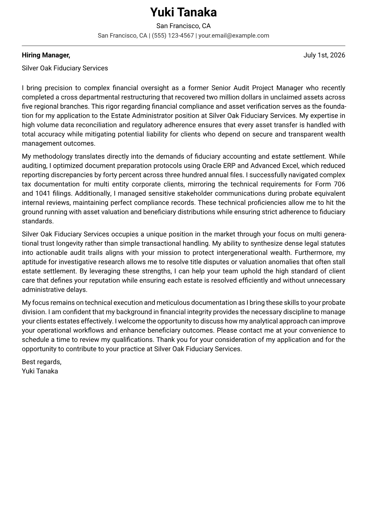 Estate Administrator cover letter in the Modern design