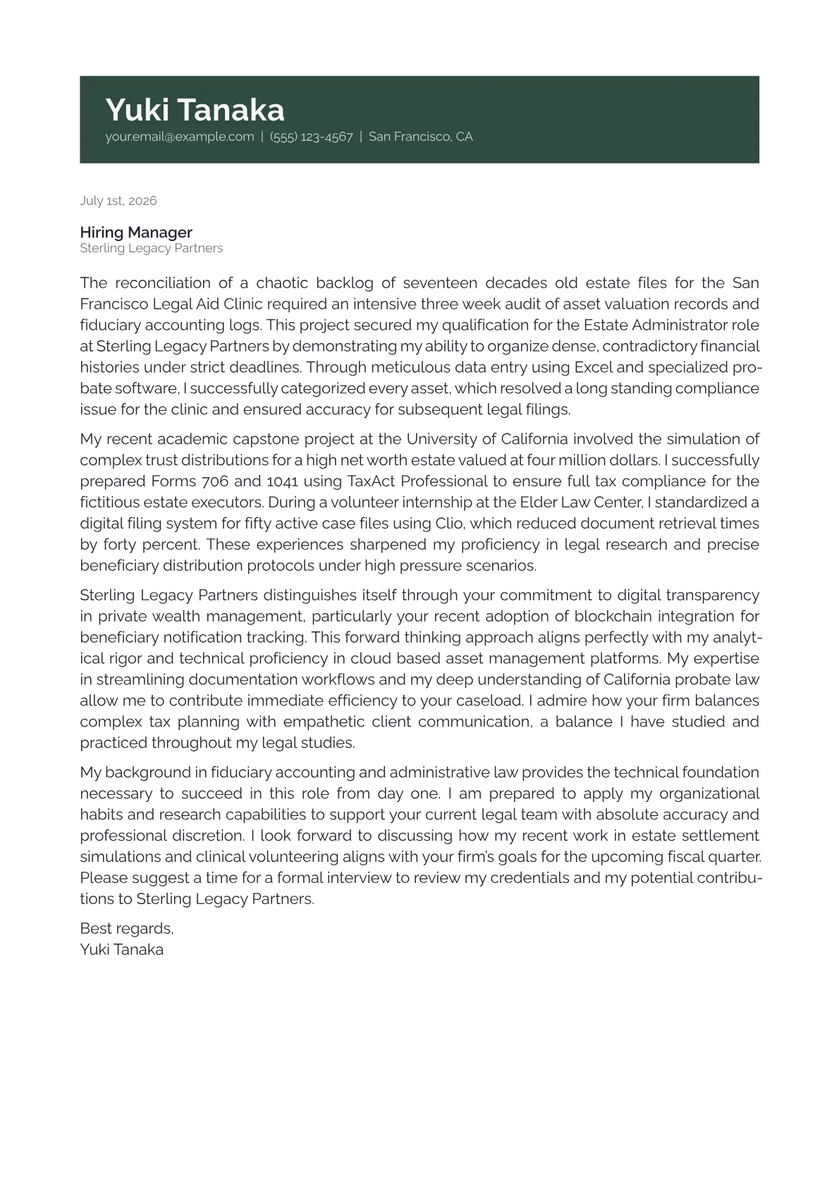 Estate Administrator cover letter in the Banner design