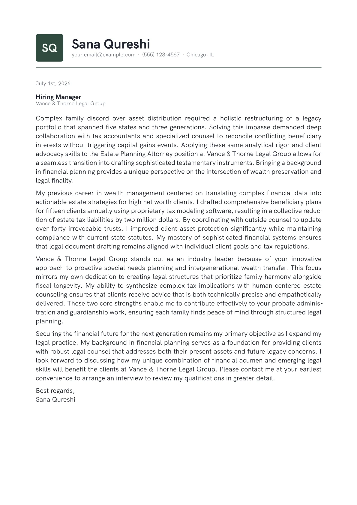 Estate Planning Attorney cover letter in the Emblem design