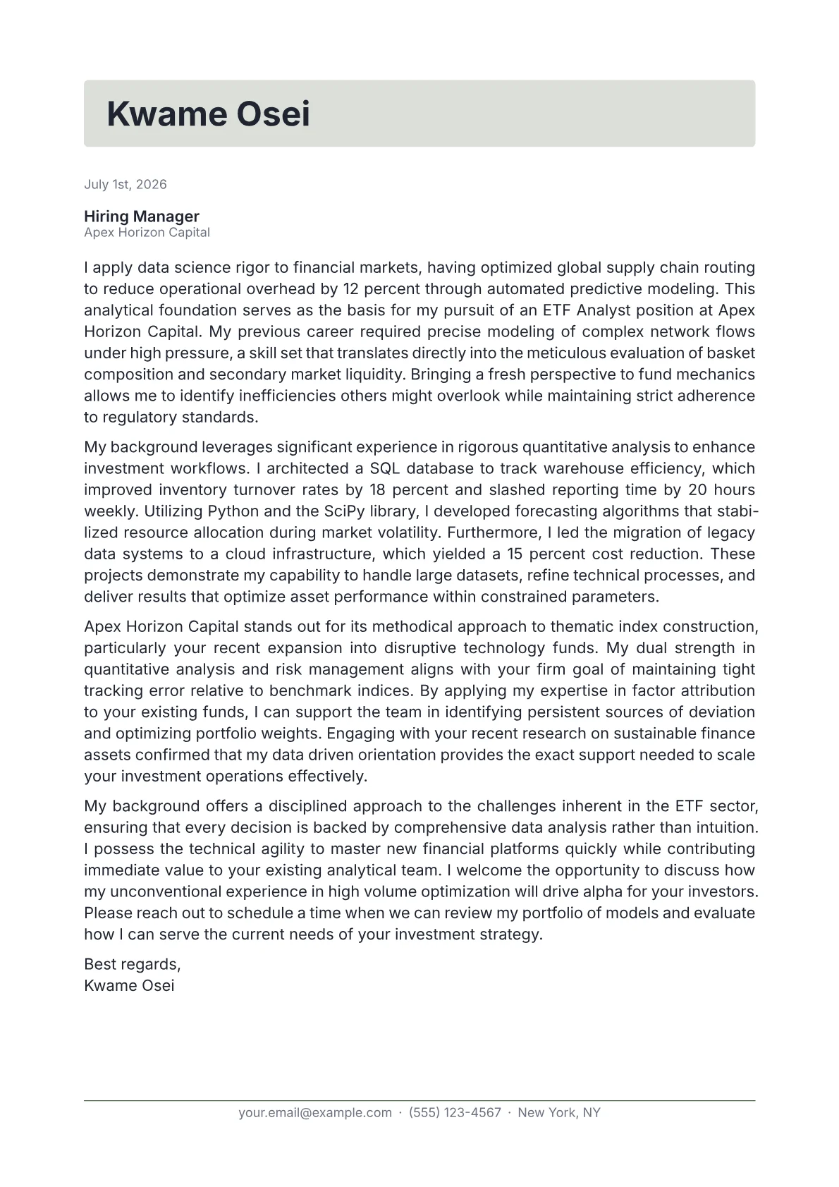 ETF Analyst cover letter in the Letterhead design
