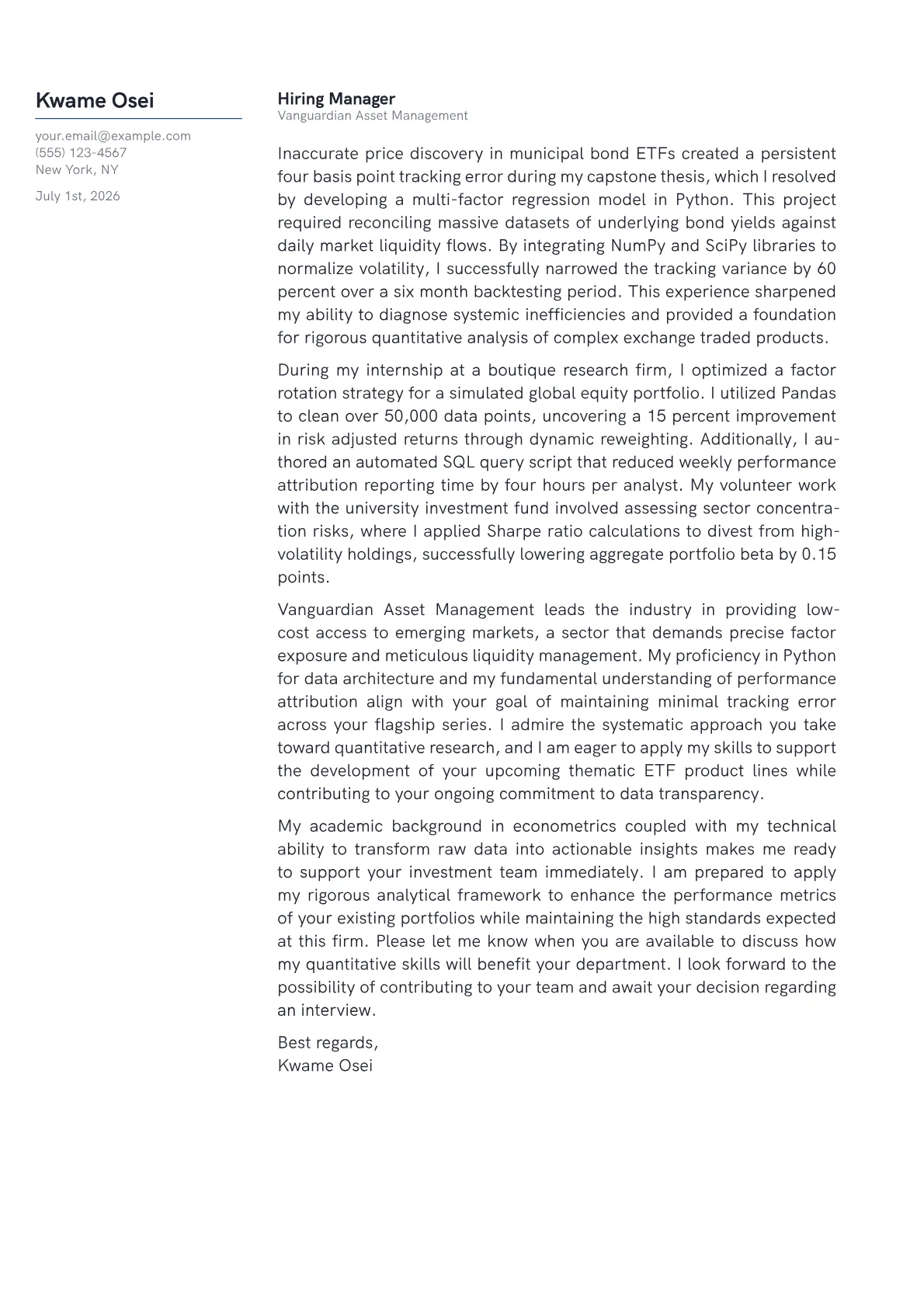 ETF Analyst cover letter in the Margin design