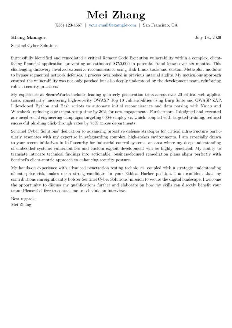 Ethical Hacker cover letter example