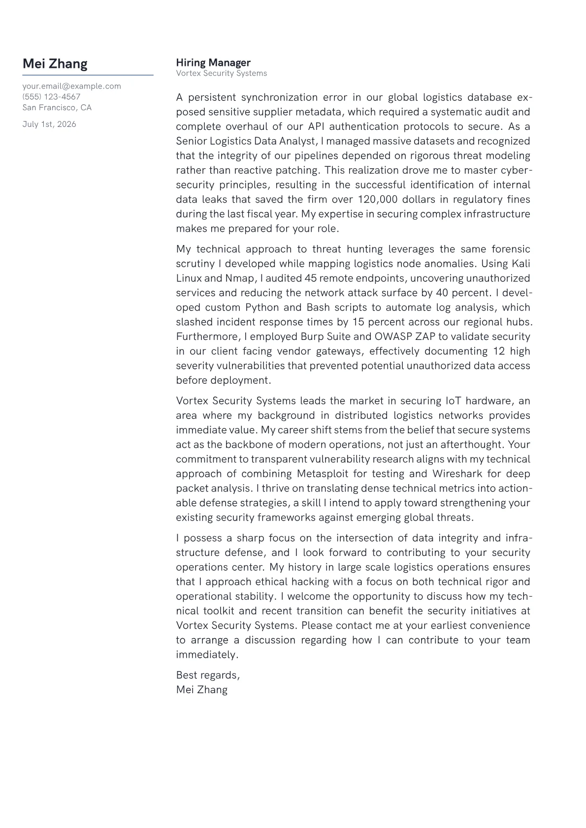Ethical Hacker cover letter in the Margin design