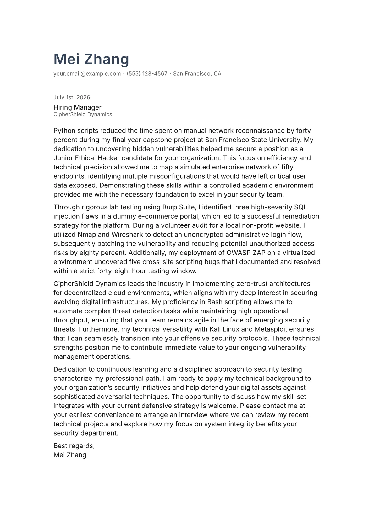 Ethical Hacker cover letter in the Minimal design