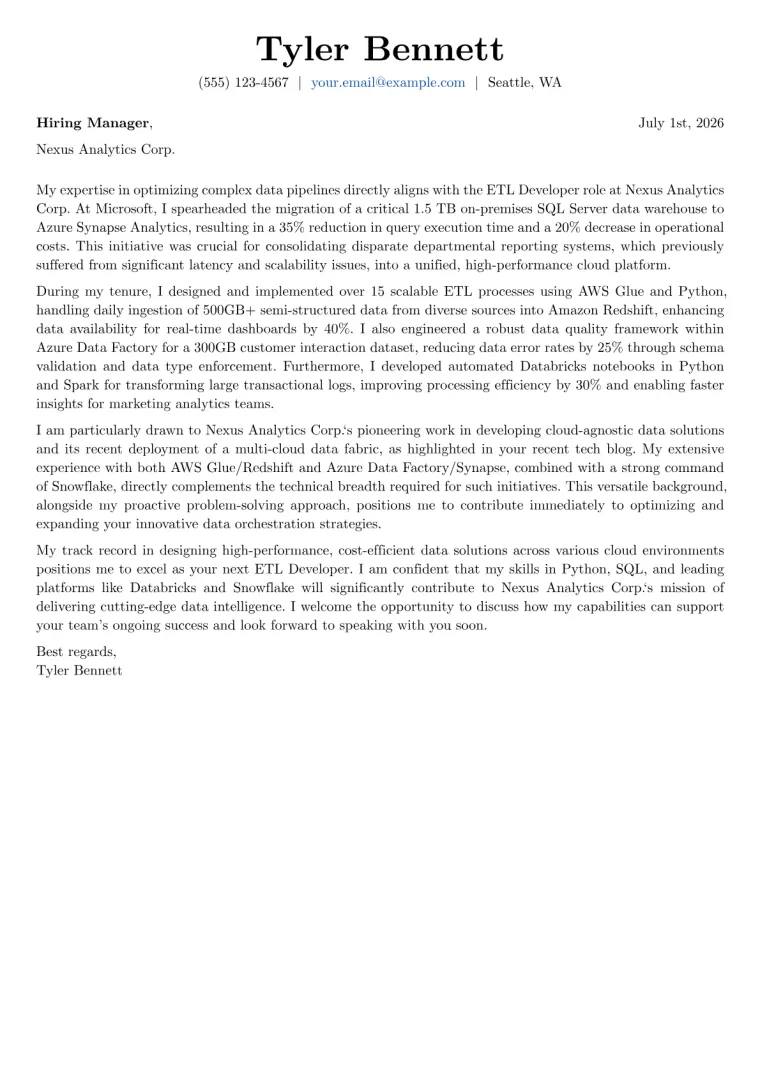 ETL Developer cover letter example preview