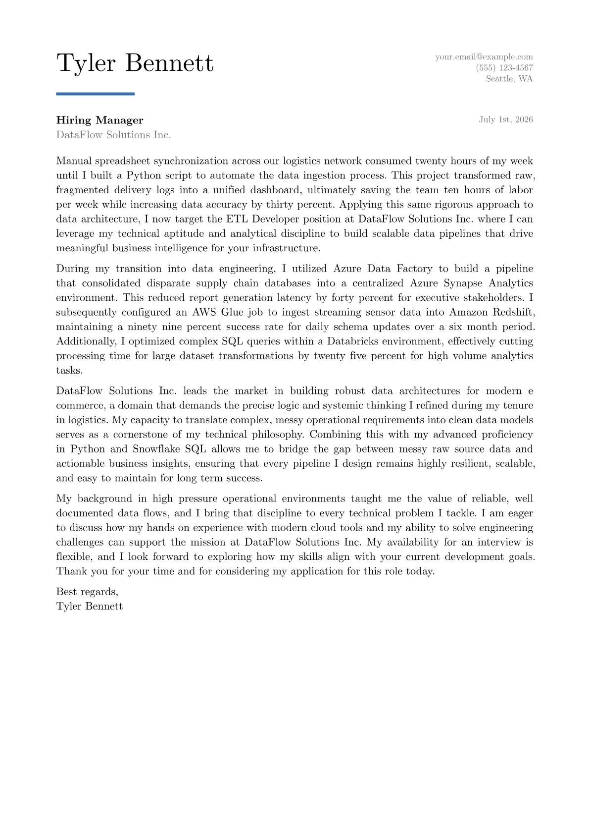 ETL Developer cover letter in the Executive design