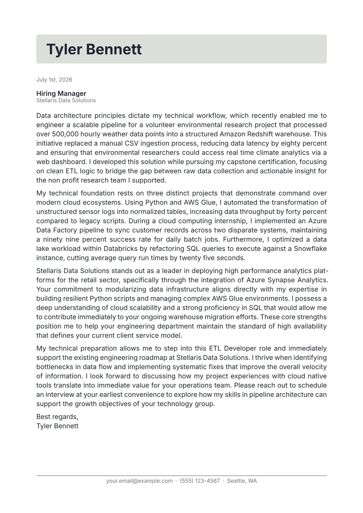 ETL Developer cover letter in the Letterhead design