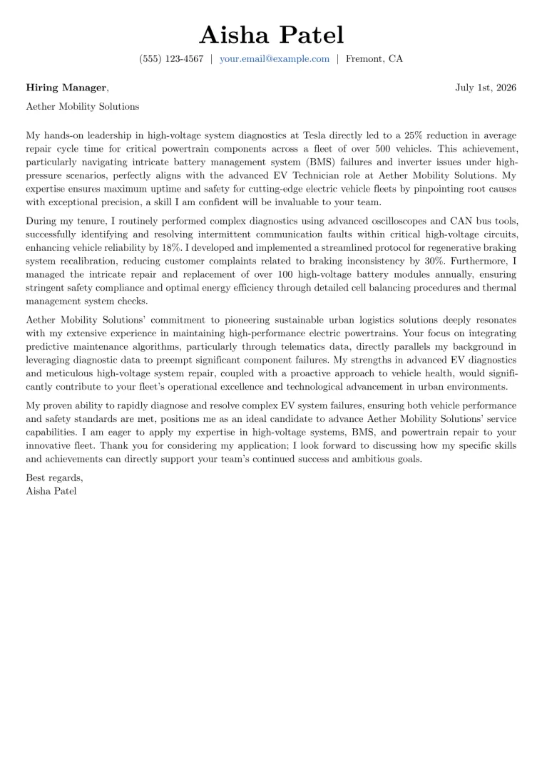 EV Technician cover letter example