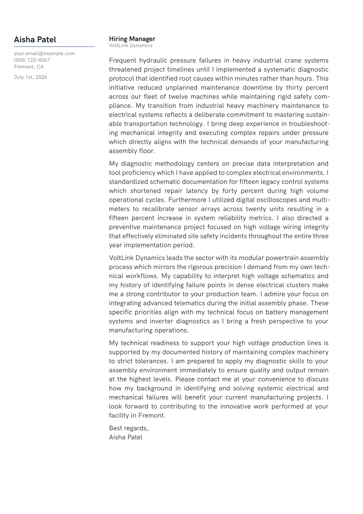 EV Technician cover letter in the Margin design