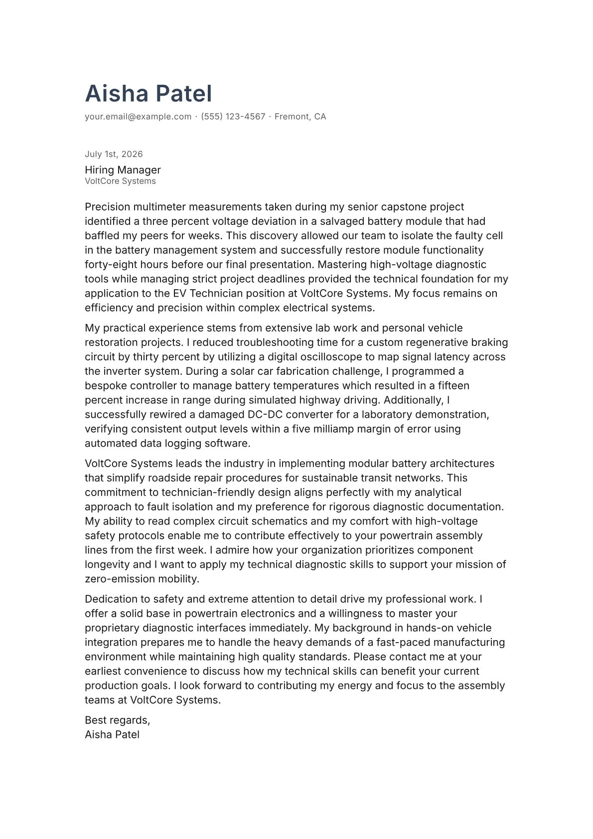 EV Technician cover letter in the Minimal design