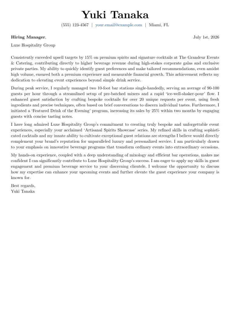 Event Bartender cover letter example