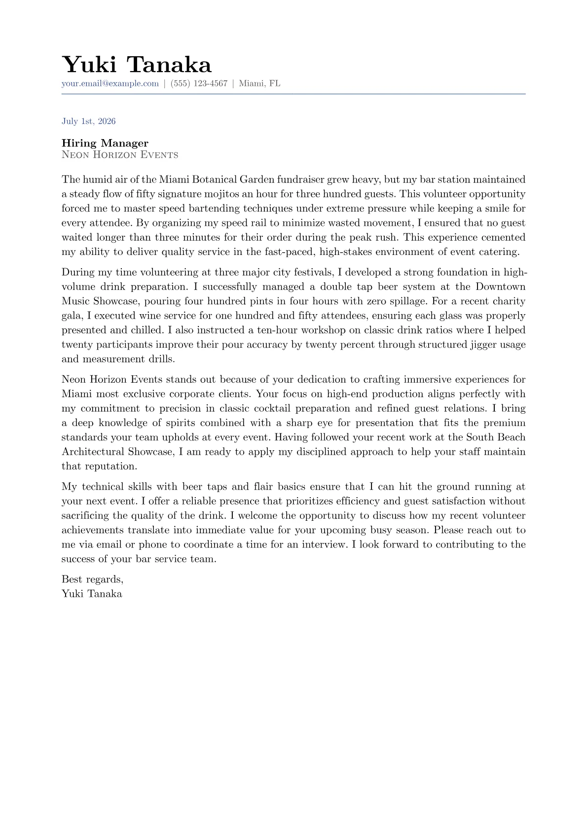 Event Bartender cover letter in the Classic design