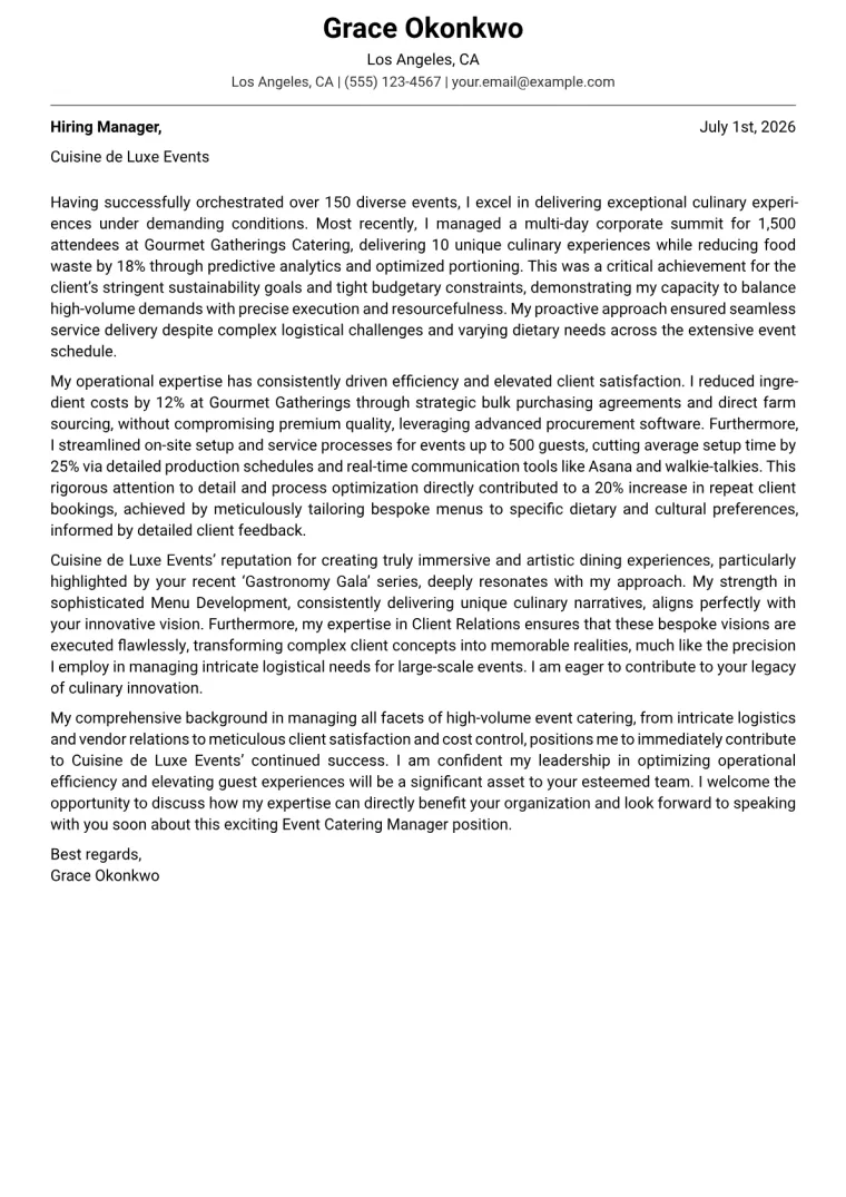 Event Caterer cover letter example