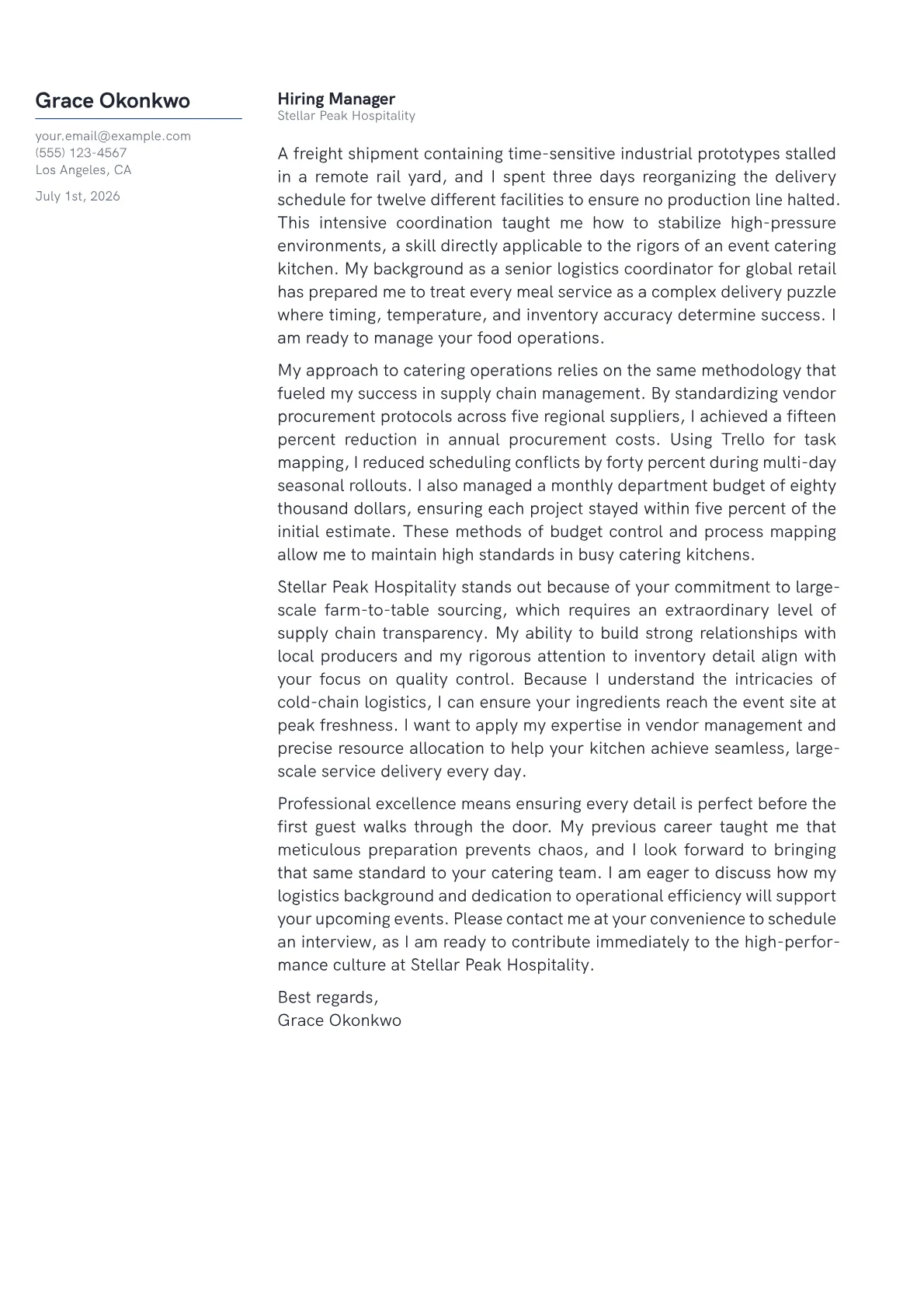 Event Caterer cover letter in the Margin design