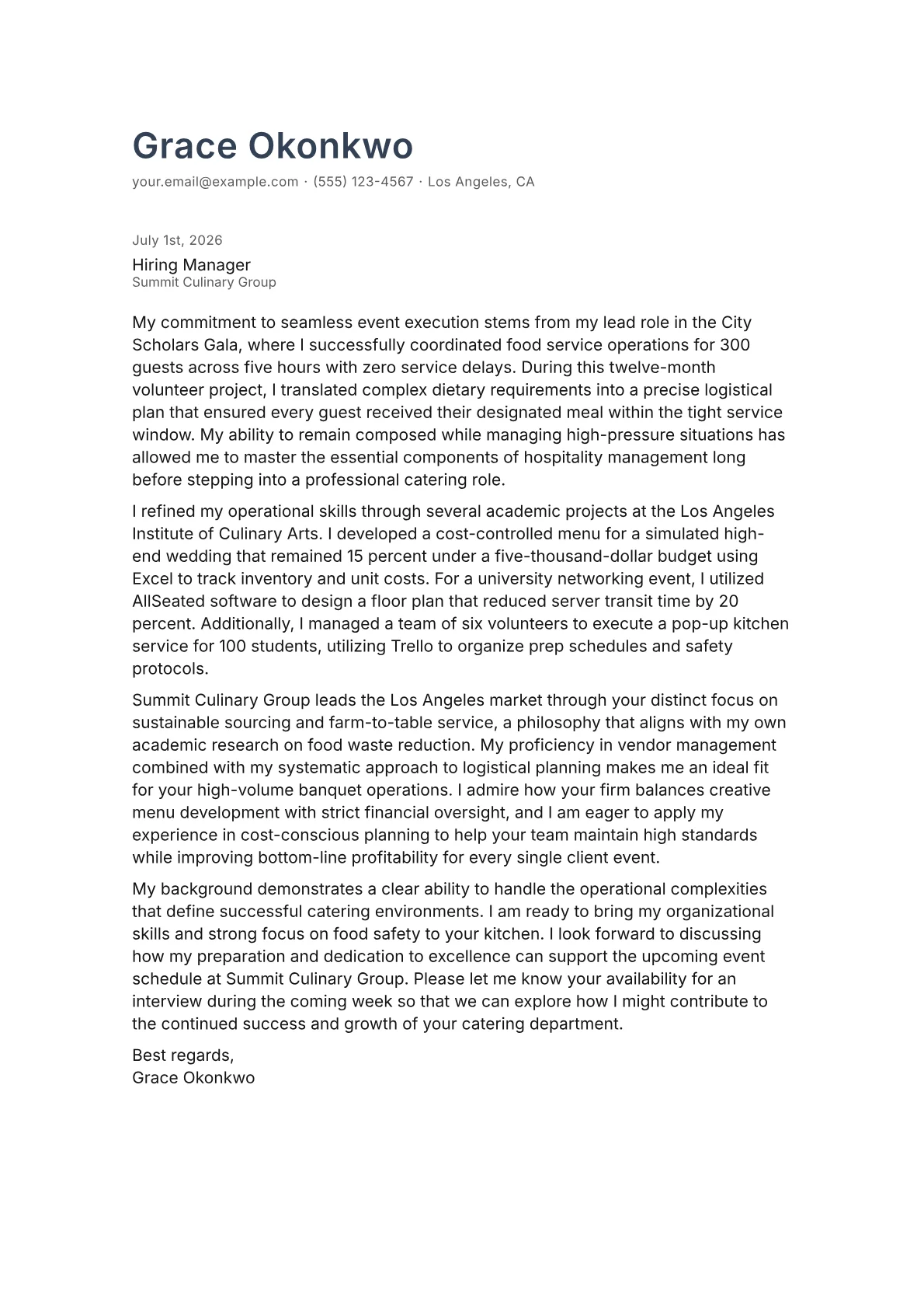 Event Caterer cover letter in the Minimal design