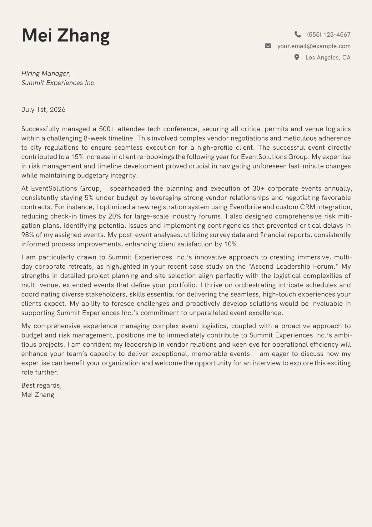 Event Coordinator cover letter formatted with a JobSprout template
