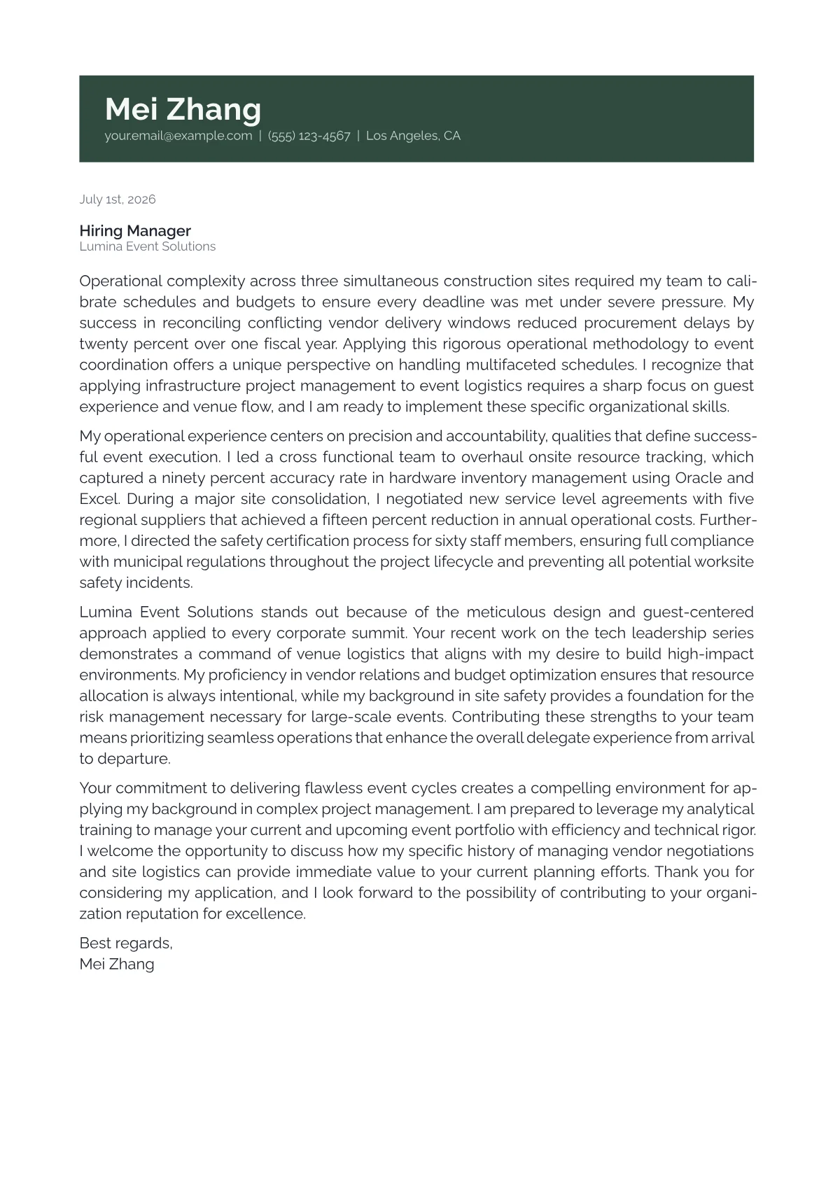 Event Coordinator cover letter in the Banner design
