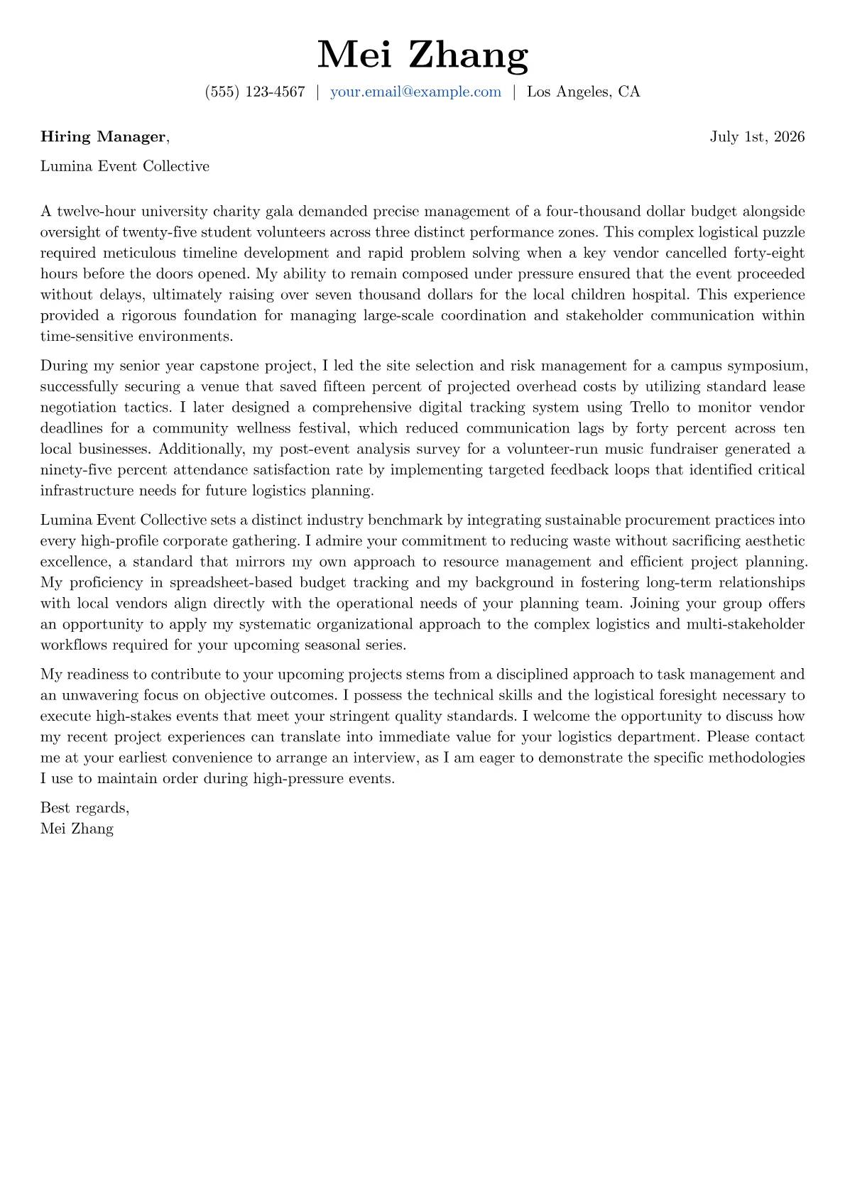 Event Coordinator cover letter in the Basic design